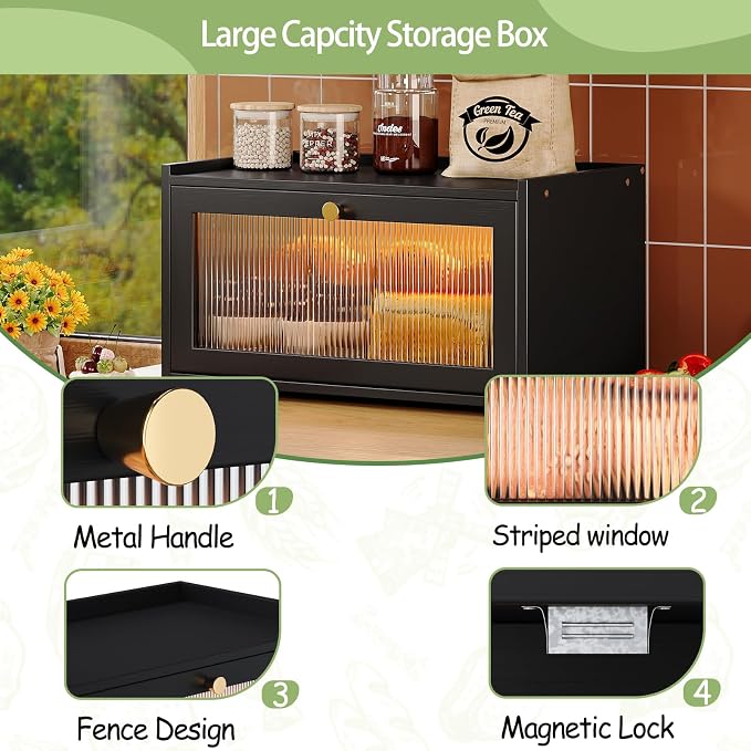 Trironsun Bamboo Bread Box with Led Light for Kitchen Counter Large Capacity Bread Storage Container Kitchen Countertop Organizer with Window Bread Holder (Black)