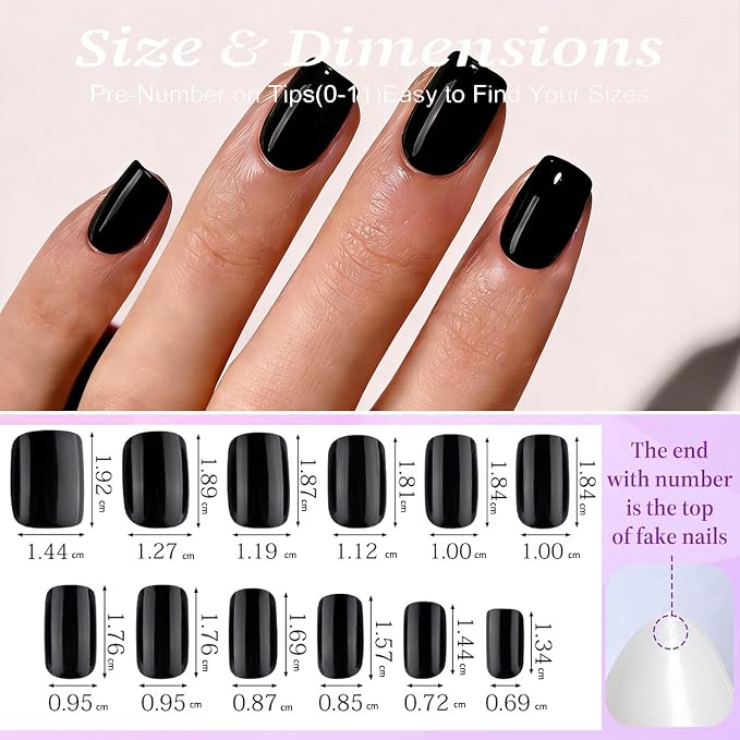 Press On Nails,Black,Short Square | 2+ Weeks Wear,Apply Protective UV coating,Short Square Fake Nails,Salon Quality Nails in 12 Sizes - 24 Nail Kit with Glue