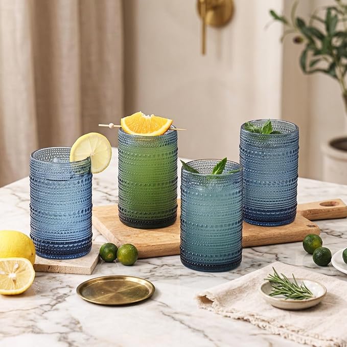 Moretoes 15oz Blue Vintage Hobnail Drinking Glasses Set of 6 | Highball Glass Cups, Kitchen Drinkware Glassware for Beer,Cocktail,Whiskey,Juice and Various Mixed Drinks