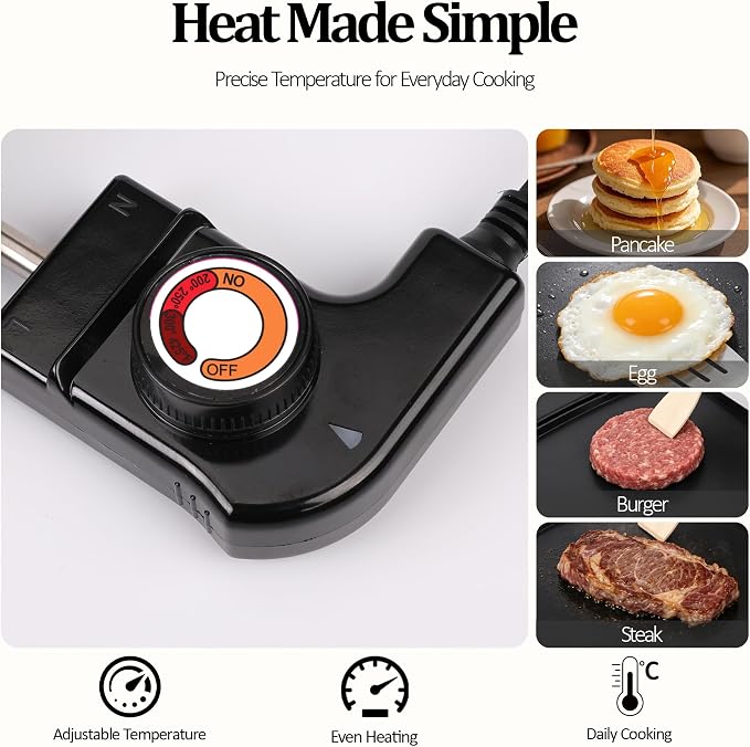 20" Electric Griddle, Ceramic Non-Stick Baking Pan Attemperation Griddle, 1400W Family-Sized Electric Skillet Extra Large Surface and Adjustable Temperature, Slide-Out Drip Tray, Black