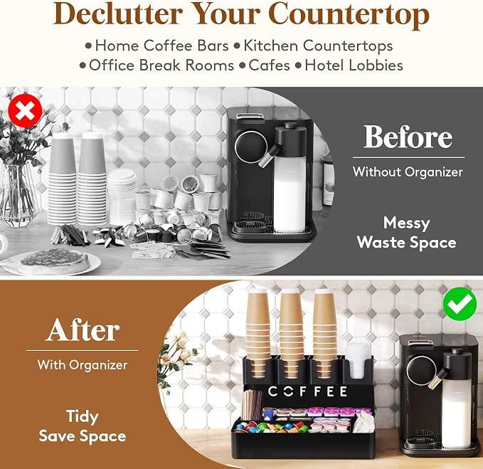 Lifewit 2-tier Coffee Station Organizer, 11 Compartments, Black, Plastic | Countertop Coffee Bar Organizers for Cups, Pods, Sugar, Condiment Holders Storage for Office Breakroom Kitchen Home