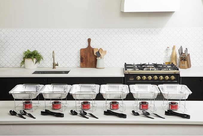 Alpha Living 12-Pack Disposable Chafing Dish Buffet Set with Fuel Cans | Welded construction, half-size pans, and warming trays for parties