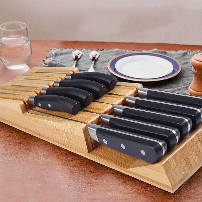 NIUXX Bamboo In-Drawer Knife Block Set for 9 Knives(Not Included) | Large Kitchen Detachable Washable Cutlery Slot Organizer Storage Holder for Sharpening Steel and Cutter