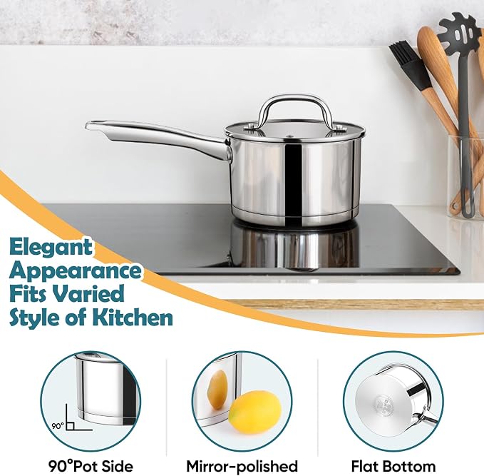 P&P CHEF 2 Qt Saucepan with Lid, Stainless Steel Small Cooking Pot, 1 Pan | Sauce Pan for Pasta, Soup, Tri-ply Base for Induction, Gas, Ceramic, Oven & Dishwasher Safe, Ergonomic Handle & Multi-use