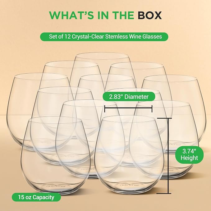 NutriChef 15 oz Stemless Crystal Wine Glasses, Set of 12 Elegant Glasses for Red or White Wine, Ultra-Thin, Lead-Free, Dishwasher Safe, Seamless Bowl Design for Dining, Parties & Bars