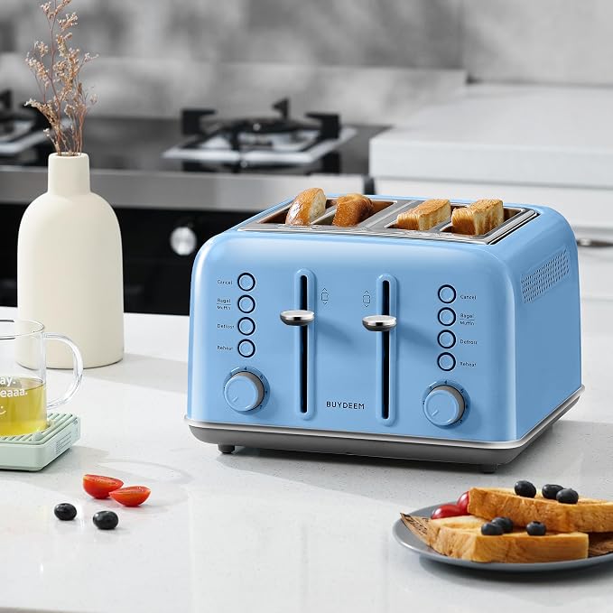 BUYDEEM DT640 4-Slice Toaster, 7 Shade Settings, Extra Wide 1.5’’ Slots for Bagel & English Muffin, 6 Toasting Functions, Retro Stainless Steel Toaster with High Lift Lever, 1800W, Blue