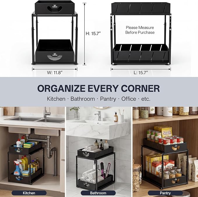 Adjustable Under Sink Organizer, 2 Tier Under Sink Organizers and Storage,Slide Out Metal Cabinet Organizers, Pull Out Cabinet Storage Drawer Shelf for Kitchen Bathroom (1, black)