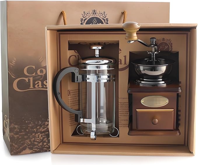 French Press Coffee Set, Metal & Wood Burr Grinder with French Press, Smooth Coffee Maker for Home & Camping, Coffee Table Decor, 7.9 x 5.1 x 2.6 inches