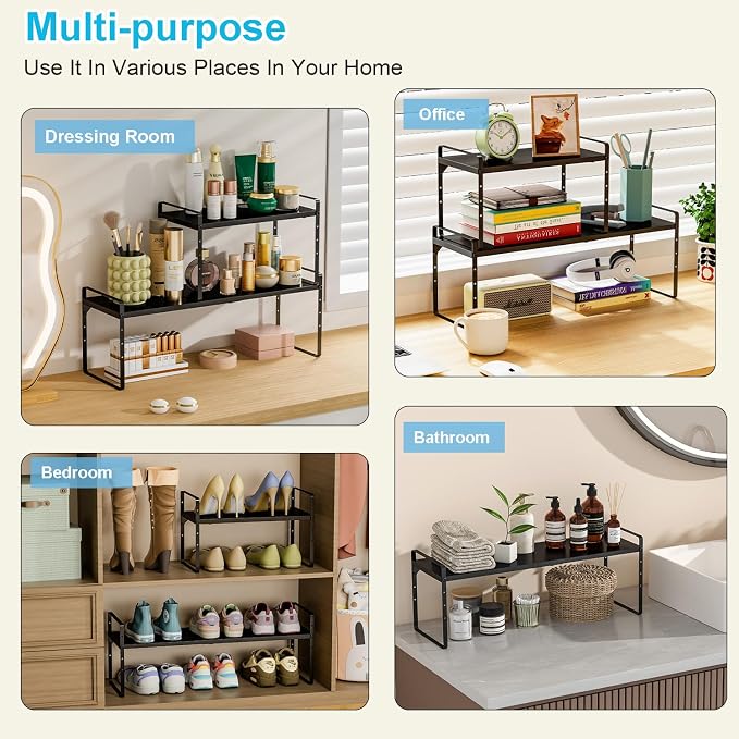 15.5 to 25.5 Inch Expandable Kitchen Cabinet Organizer Shelf, 2 Pack 30 LBS Heavy Duty Adjustable Kitchen Counter Storage Shelves Organizers,Stackable Small Storage Shelf Rack For Cabinet Cupboard