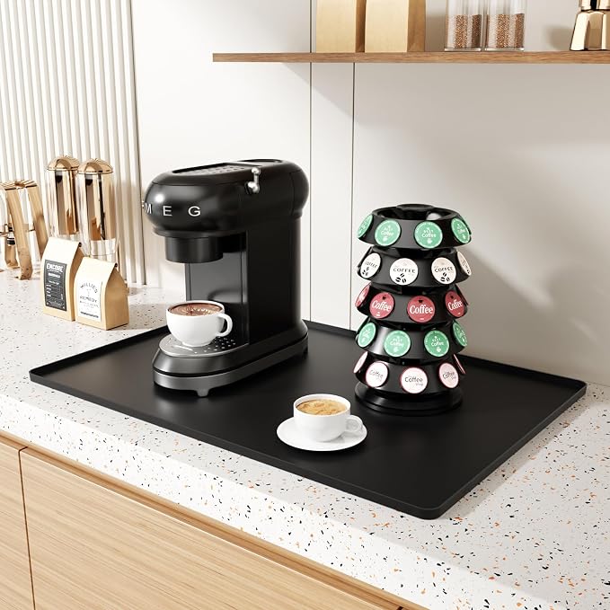 Silicone Coffee Mat 24''x16'',Fits Under Coffee Maker | Detachable Dish Drying Mat& Built-in Tamper Storage – Fits Espresso Machine, Dish Rack
