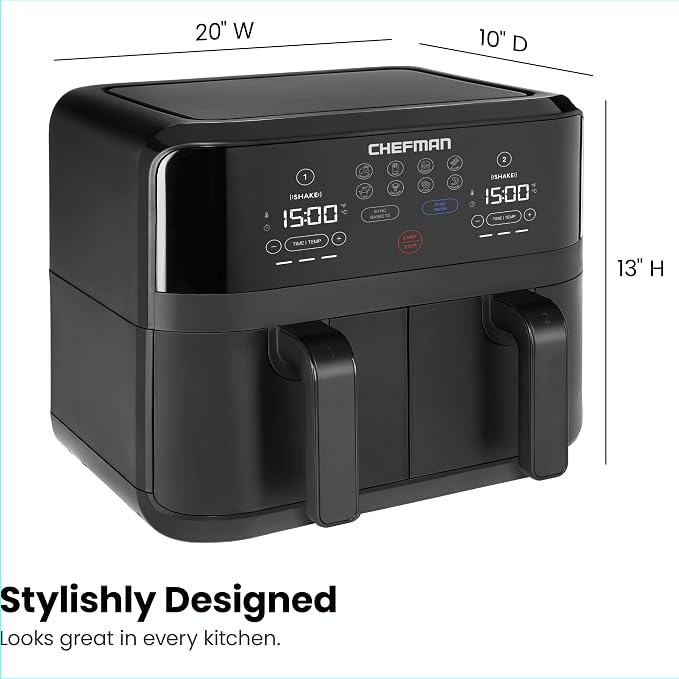 Chefman TurboFry Touch Dual Air Fryer, Maximize The Healthiest Meals With Double Basket Capacity, One-Touch Digital Controls And Shake Reminder For The Perfect Crispy And Low-Calorie Finish