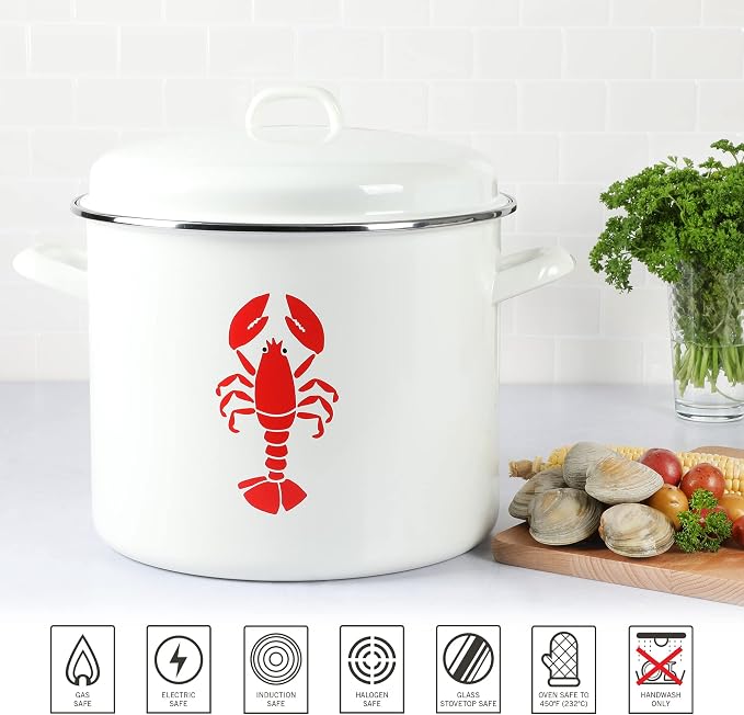 Martha Stewart 16-Quart Enamel on Steel Scratch-Resistant Lobster Stock Pot – Linen – Durable Large Capacity Pot for Boiling, Steaming & Seafood Cooking