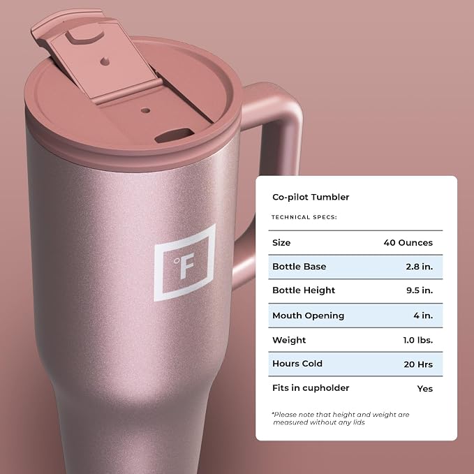IRON °FLASK 40 oz Co-Pilot Insulated Travel Mug | Insulated Travel Mug with Straw & Flip Cap Lids - Cup Holder Fit, Leakproof, BPA Free (Rose Gold)