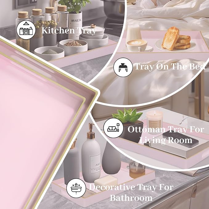 Pink Serving Tray with Handles, Plastic Decorative Tray Set of 2 | Pink Decorative Tray for Coffee Table, Modern Ottoman Tray, Rectangle Melamine Tray for Living Room, 15.8"L x 10.2"W x 1.4"H