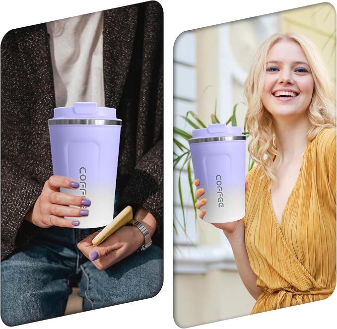 SPLMIFA Travel Coffee Mug Leak-Proof, Reusable Coffee Cups with Lid, Stainless Steel Vacuum Insulated Coffee Tumblers, Thermal Insulation Cup for Men & Women Hot & Cold Drinks(2nd-Purple White, 12OZ)