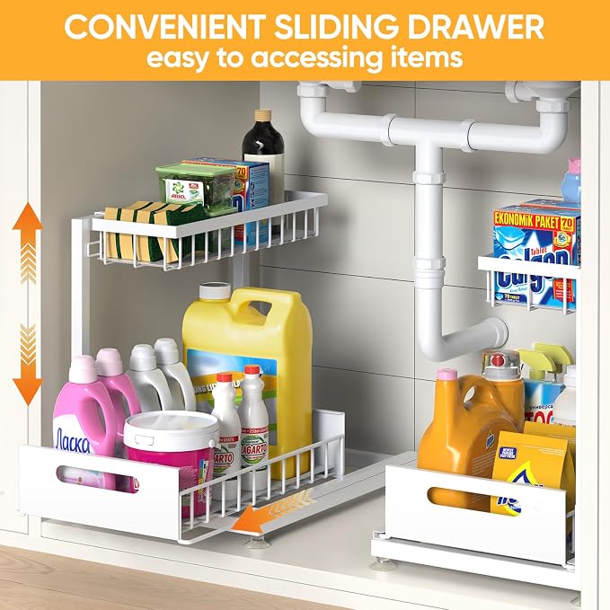 L-Shaped Under Sink Organizer, 2-Tier Pull-out Cabinet Rack 1-Pack | White Height-Adjustable Steel Rack, Sliding Grid Drawers with PP Liners, Holds 100 Lbs, Suction Base, Ideal Kitchen Storage