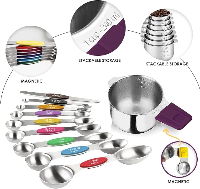 16PCS Magnetic Measuring Cups & Spoons Set,Heavy Duty 304 Stainless Steel,Double Measurement Easy to Read Markings with Leveler for Measure Dry or Liquid Ingredients 