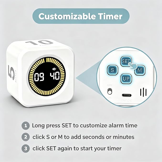 KADAMS Pomodoro Timer Visual - Productivity Pomodoro Cube, 5/10/25/50 Min Countdown & Countup, Silent – Ideal for Work Study Cook Workout Kitchen School Classroom Office Gift Kids (1, White)