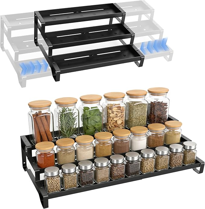 Expandable Spice Rack Organizer for Cabinet 3 Tier Spicy Shelf Black 1Pack | Adjustable Length 13"-21", Easy to See Labels, Sturdy Metal, Slip-Resistant Guardrails for Jars, Cabinet & Countertop Storage