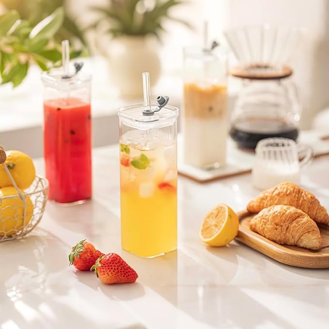 6 Sets Square Drinking Glass Cups, Old Fashioned Glasses, 17 Oz Square Glasses, Clear Highball Modern Glassware Tumbler Mixed Drinkware with Straws for Cocktail Coffee Juice Beer (Square-6PCS)