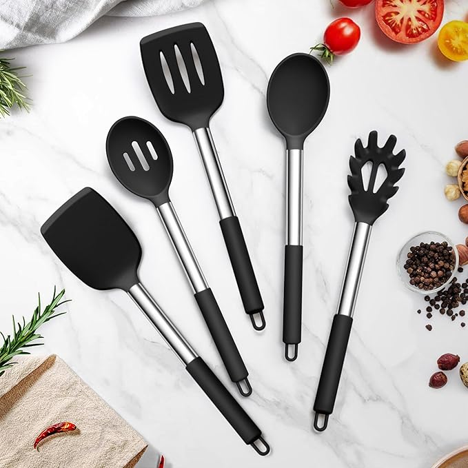 TeamFar Cooking Utensils Set, 5 PCS Silicone Kitchen Utensils, Black | Stainless Steel Handle, for Nonstick Cookware Flipping Frying Turning Draining, Heatproof & Healthy, Nonstick & Easy Clean
