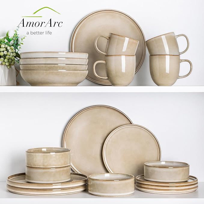 AmorArc Ceramic Dinnerware Sets for 6,18 Piece Plates and Bowls Sets Dishes | Stoneware Handmade Reactive Glaze Dishes Set | Highly Chip and Crack Resistant | Dishwasher & Microwave Safe