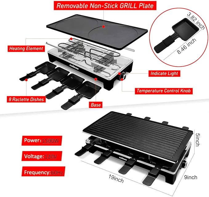 Raclette Table Grill, CUSIMAX Electric Indoor Grill Korean BBQ Grill, Black | 1500W/2 in 1 Reversible Non-stick Plate/Crepe Maker with Adjustable Temperature Control/8 Raclette Pans & Wooden Spatulas