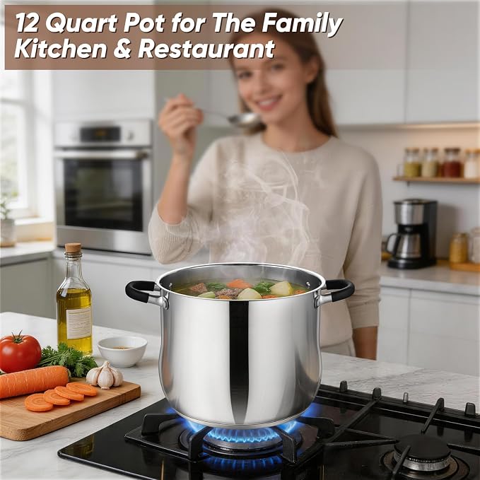 P&P CHEF 12 Quart Stainless Steel Stock Pot, Cooking Pot with Visible Lid | For Soup Pasta, Tri-Ply Bottom & Dual Heatproof Handles, For Induction Gas All Stoves, Non-Toxic & Dishwasher Safe