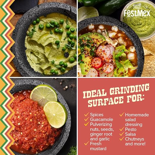 Genuine Handmade Mexican Mortar and Pestle Set 8 Inches Flat Base, Molcajete Mexicano — Mexican Cookware Perfect as Guacamole Bowl and Masher, Mortero para Cocina Made from Volcanic Rock in Mexico