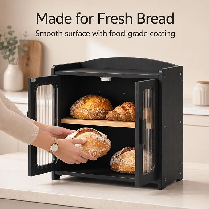 Premium Solid Wood Bread Box for Kitchen Countertop, 2-Tier Breadbox | Large Capacity, Corner Bread Box for Homemade Bread and Sourdough, Kitchen Countertop Organizer, Black