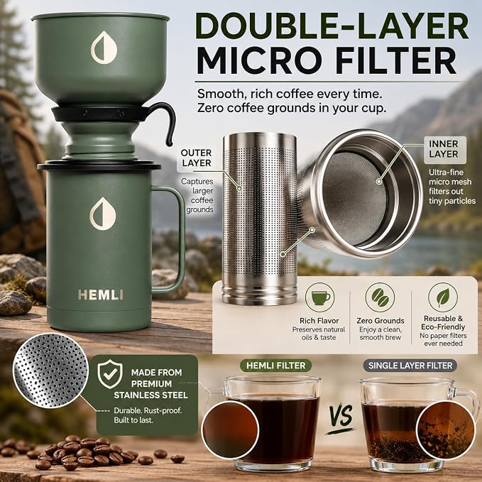 16 oz Pour Over Camping Coffee Maker Set– Vacuum Insulated Mug with Leakproof Lid, Stainless Steel Micro Filter, Portable Coffee Maker for Camping, Travel & Outdoor Adventures