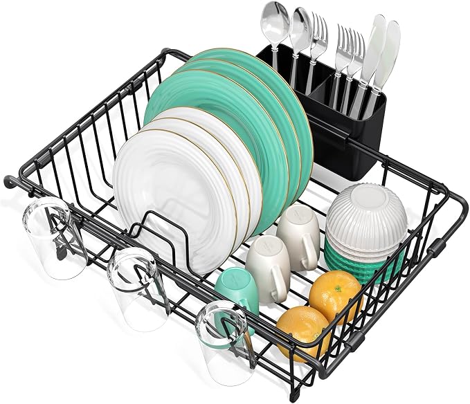 Urackify Expandable in Sink Dish Rack, Full PVC Dip-Coated, Black | Scratch Protection, Reduced Noise, Fast Water Drainage, Fits 14.5"-18"W Sink, Rust Resistant