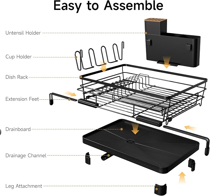 Runnatal Dish Drying Rack - Expandable Large Dish Rack Over Sink | Drying Dish Drainer for Kitchen Counter, Stainless Steel Dish Strainer with Utensil Holder & Cup Holder, Black