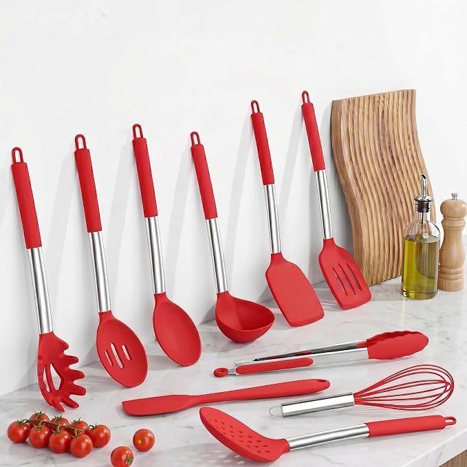 Onader 10 Pieces Silicone Kitchen Utensils Set, Cooking Utensils with Holder and Heat Resistant Stainless Steel Handle for Nonstick Cookware -Red