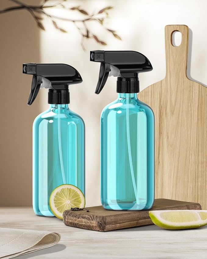 Bontip Glass Spray Bottle 16 oz for Cleaning, Plants (2 Pack, Light Blue) | 16oz refillable light blue spray bottles 2 pack, BPA-free eco glass, With label, Great for cleaners, plant misting, hair care