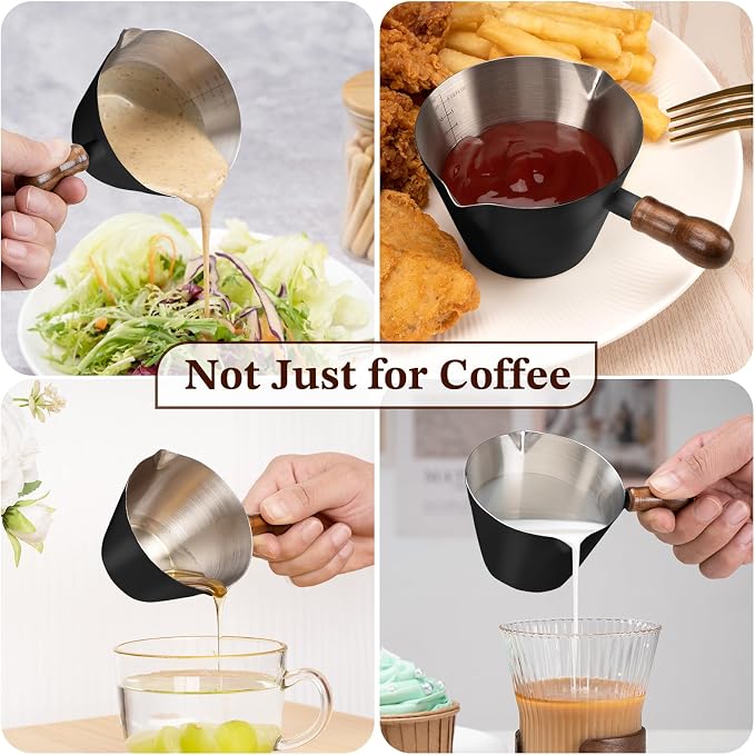 Amrules Espresso Cup, 6.8 oz/200 ml Stainless Steel Coffee Shot Measuring Cup with Wood Handle, Double V-Shaped Mouth and Clear Scale for Cappuccino Barista Coffee Bar Accessories, Black