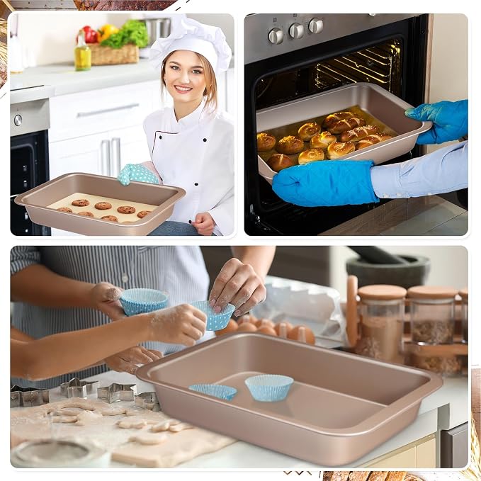 Qinyoung 4 Pcs Gold Cake Pan with Lid and Handle, 9 X 13 Inch | Non-stick, Rectangle Sheet Cake Pan, Covered Carrier, Brownie Roasting, Cooking, Baking