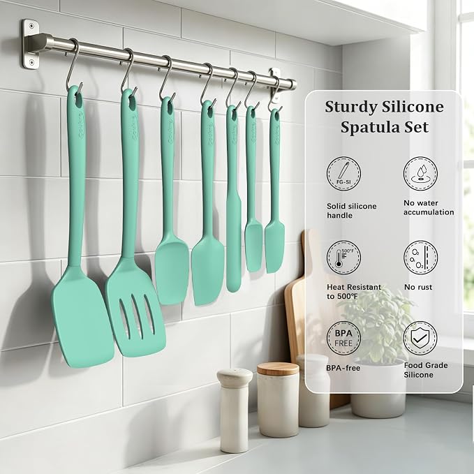 Coukre Silicone Spatula Set of 7, BPA Free Food Grade Silicone Cooking Utensils, Heat Resistant Kitchen Tools for Nonstick Cookware, Dishwasher Safe Spatulas for Cooking and Baking(7,PureAquaGreen)