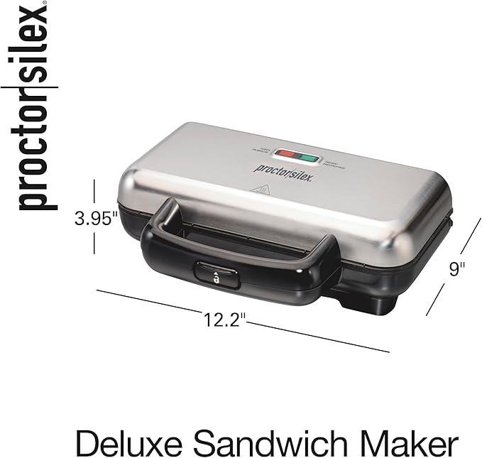 Proctor Silex Deluxe Hot Sandwich Maker With PFAS-Free Non-Stick Plates | Fits 2 Grilled Cheese, Reubens, Tortas Or Subs | Easy-Clean Durable Ceramic Surface | Stainless Steel | 25415MN