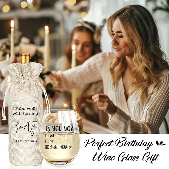 Funny 40th Birthday Gifts for Women Men- 40th Birthday Wine Glass & Wine Bag Gift Ideas for Wife, Husband, Mom, Dad, Sister, Aunt, Coworkers,40Year Party Supplies Decor for Him Her (Clear-40)