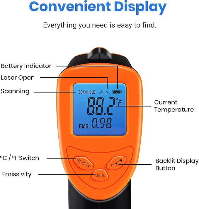 Etekcity Infrared Thermometer Laser Temperature Gun, -58ยฐF~1130ยฐF, Orange | Cooking, Pizza Oven, BBQ, Meat, Kitchen, Reptile, HVAC, Adjustable Emissivity, MAX Display, High Temperature