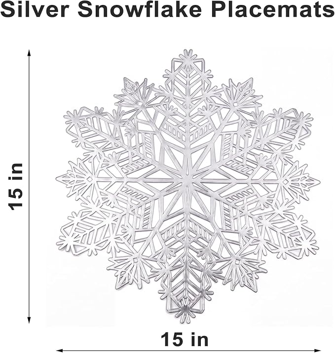 ADRIMER Snowflake Placemats Set of 8, Silver Vinyl Table Mats 15 Inch | Easy to Clean Placemat, Heat Resistant Hollow Wipeable Table Placemats for Thanksgiving Christmas Wedding Holiday Decor