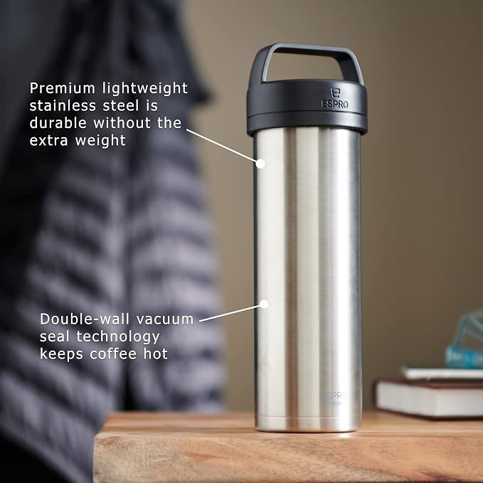 ESPRO Go P0 Ultralight French Press Coffee Maker for Travel, Vacuum Insulated Stainless Steel, 16 Ounces, Brushed Stainless Steel