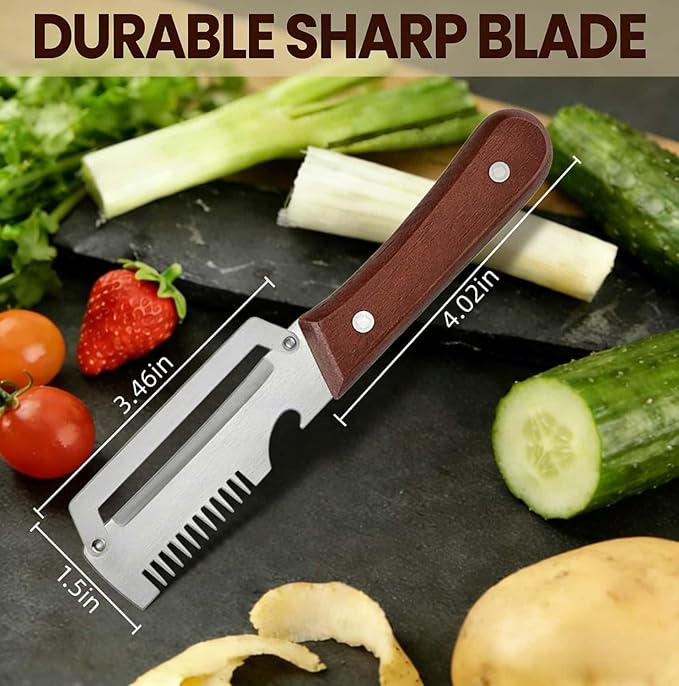 2Pcs MultiFunctional Vegetable Peeler,3 in 1 Multi Functional Wooden Handle Peeler and Bottle Opener,Peeler Knife for Fruit Pumpkin Peeling Potato Carrot Veggie Peeler
