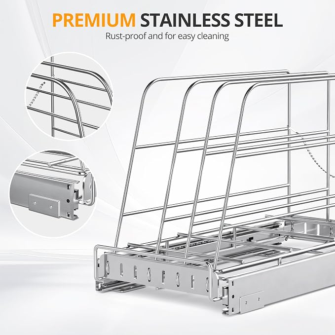 NestSprout Pull Out Cabinet Organizer for Cutting Board, Cookie Sheet, Baking Sheet, Stainless Steel Sliding Rack for Bakeware & Trays, Heavy-Duty Cutting Board Organizer 9”W x 16.5”D | Stainless Steel Sliding Rack for Bakeware & Trays, Heavy-Duty Cutt...