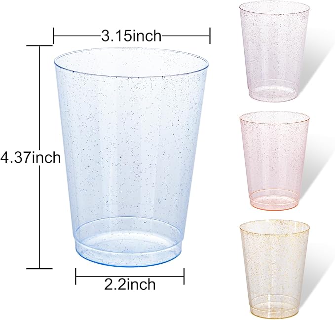 DaYammi 100 Pack 10 Oz Plastic Cups Glitter Disposable Cups in Assorted Colors,Plastic cups with 4 Colors, Disposable Wine Glasses Heavy Duty disposable Tumblers Drinking Cocktail Glasses for Party