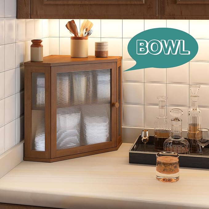viewcare Corner Bread Box for Kitchen Counter, Bamboo Wood Large Capacity Bread Storage Bin with Acrylic Wavy Door Panel (Brown, Meduim)