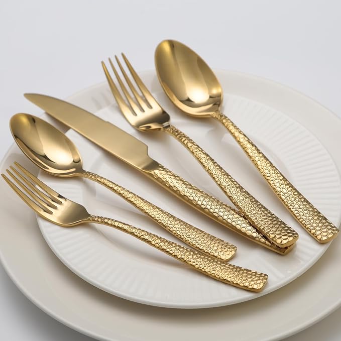 Gold Hammered Silverware Set, 20 Piece Stainless Steel Flatware Set for 4, Food-Grade Tableware Cutlery Set for Home Restaurant, Mirror Polished, Dishwasher Safe
