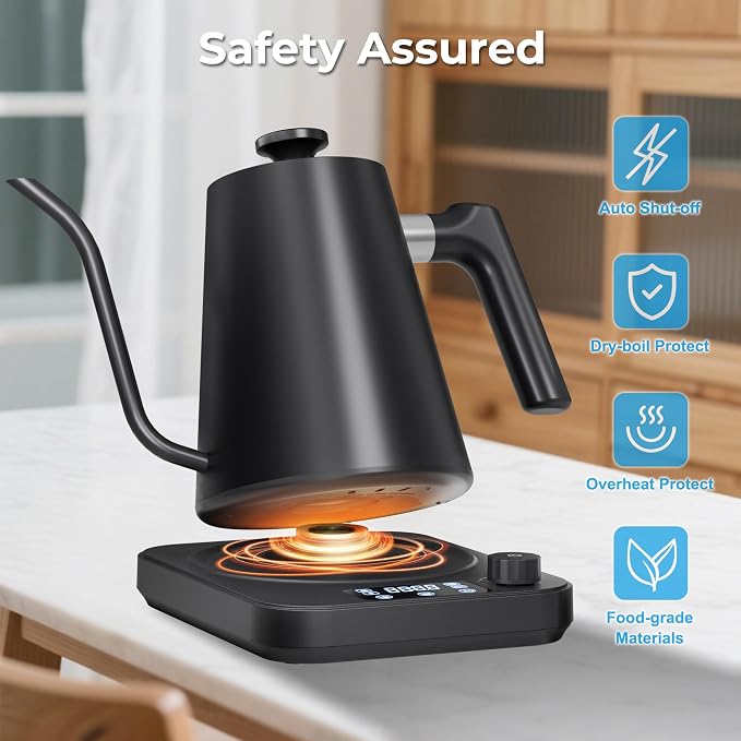 Gooseneck Electric Kettle, ±1°F Temperature Control Electric Kettle, 1.0L 1200W Fast Heating, 24H Keep Warm, 30Min Auto Memory, Food Grade Stainless Steel, Pour Over Kettle for Coffee and Tea