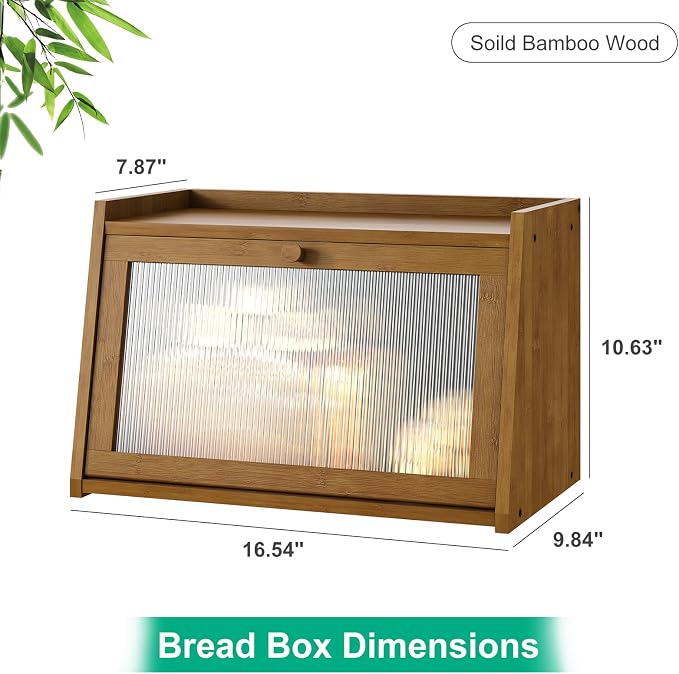 kiplant Bread Box for Kitchen Counter, Large Bamboo Bread Storage Container with Wavy Arcylic Door, Bamboo Wooden Farmhouse Bread Box for Your House (Brown, Medium)